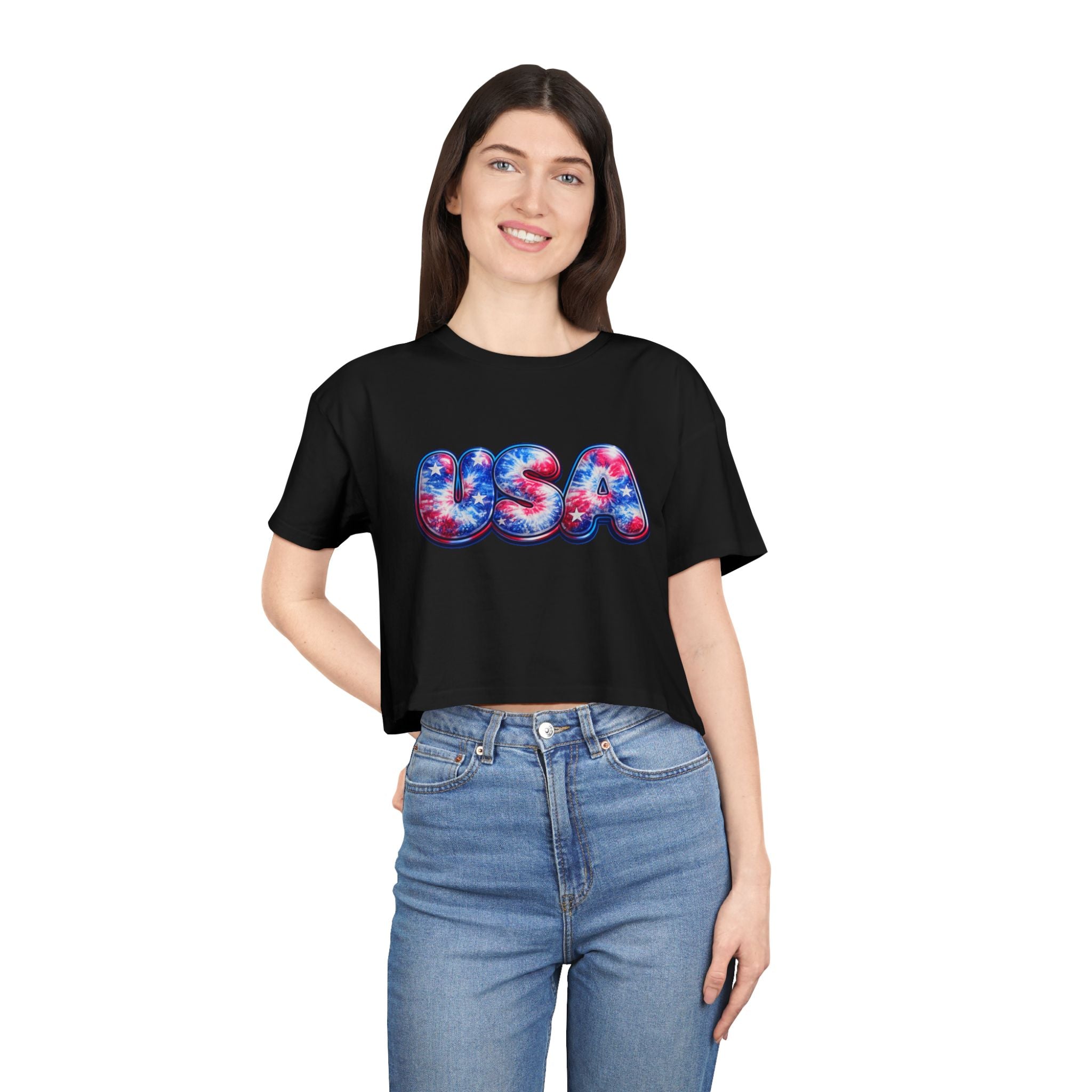 USA Tie-Dye Puff Letter Crop Tee