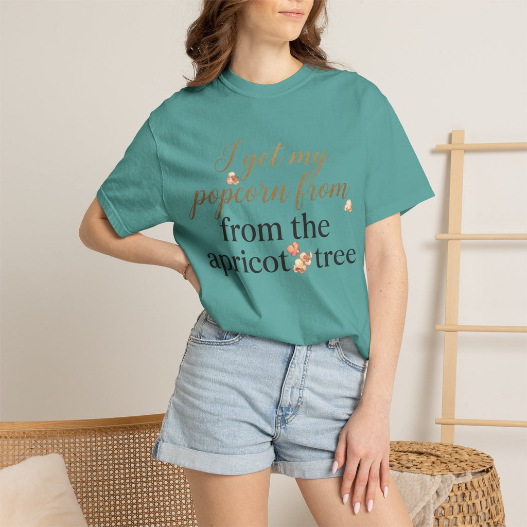T-Shirt — “I Get My Popcorn From The Apricot Tree” Script Graphic Tee | Hymns | LDS |