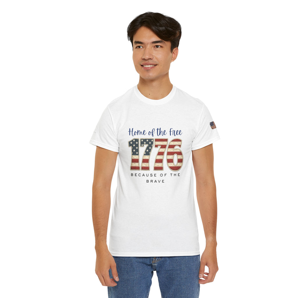 1776 American Flag Tee — "Home of the Free, Because of the Brave" Patriotic T-Shirt