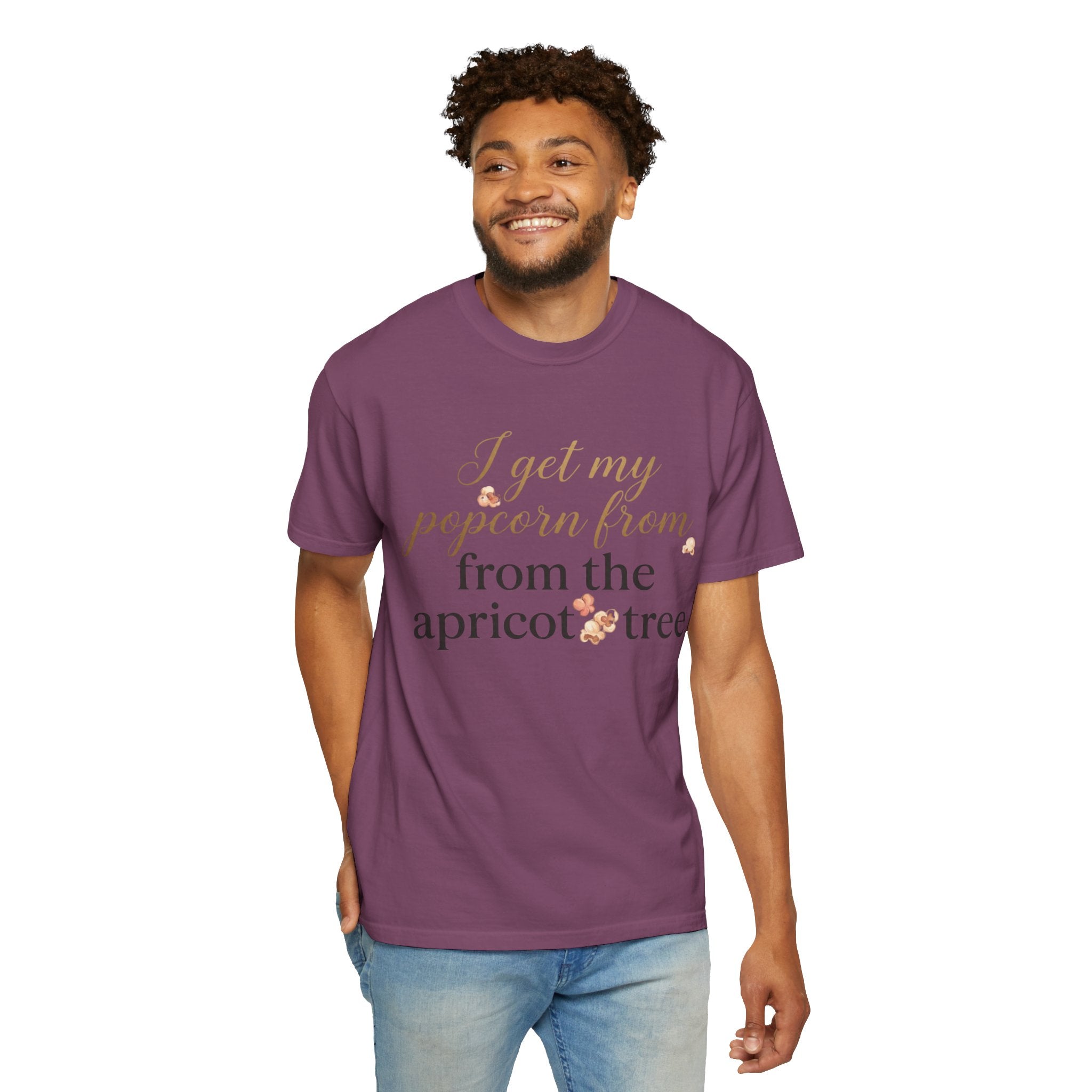 T-Shirt — “I Get My Popcorn From The Apricot Tree” Script Graphic Tee | Hymns | LDS |