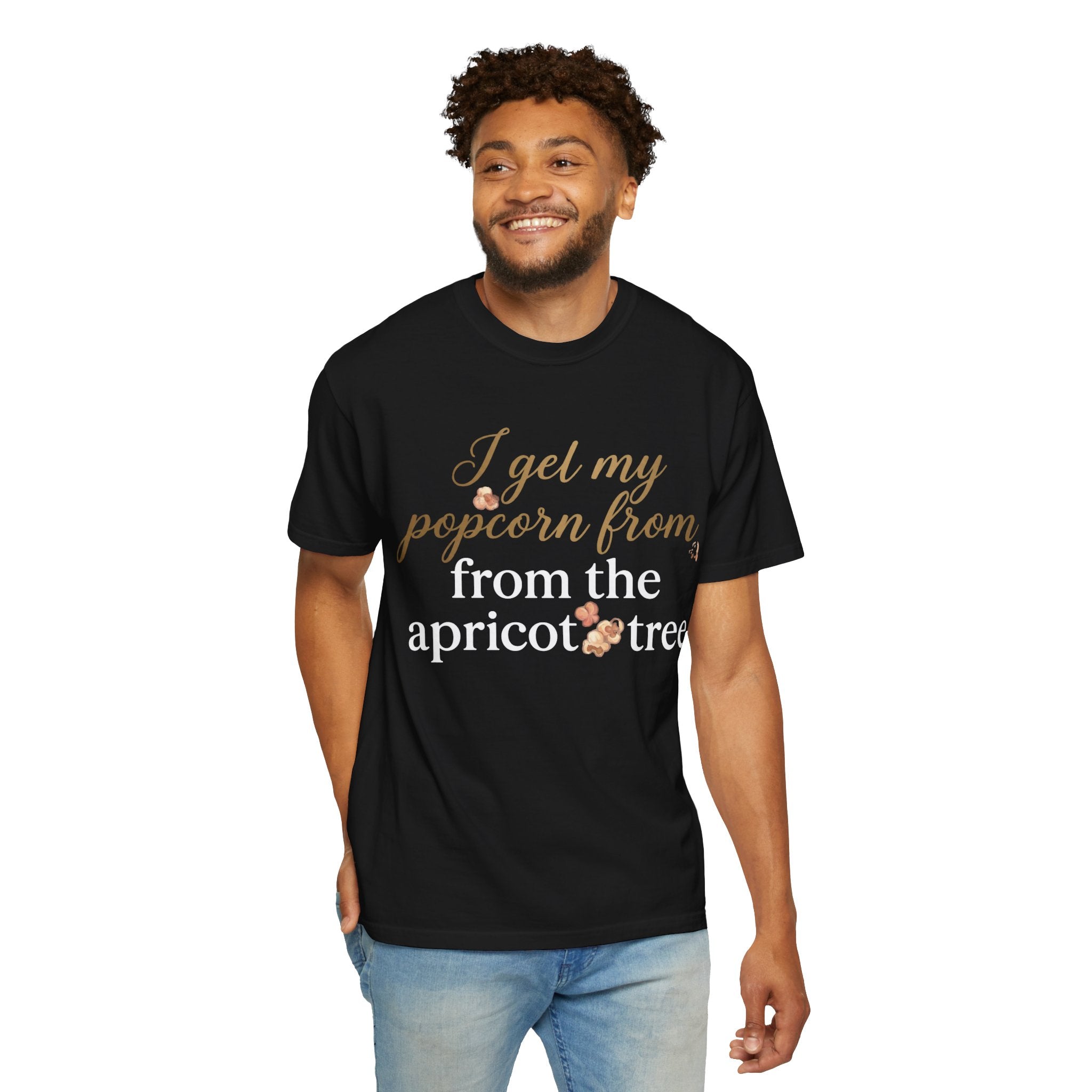 T-Shirt — “I Get My Popcorn From The Apricot Tree” Script Graphic Tee | Hymns | LDS |