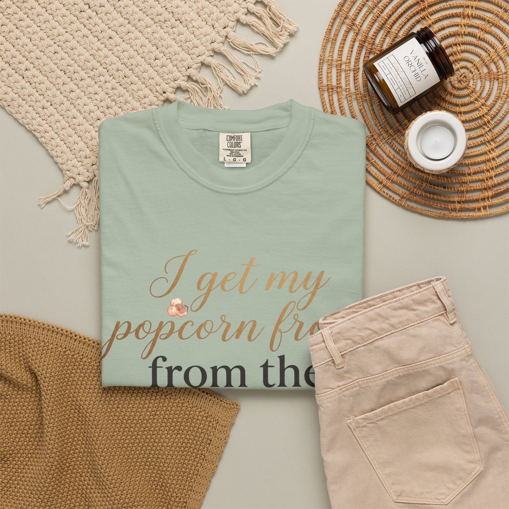 T-Shirt — “I Get My Popcorn From The Apricot Tree” Script Graphic Tee | Hymns | LDS |