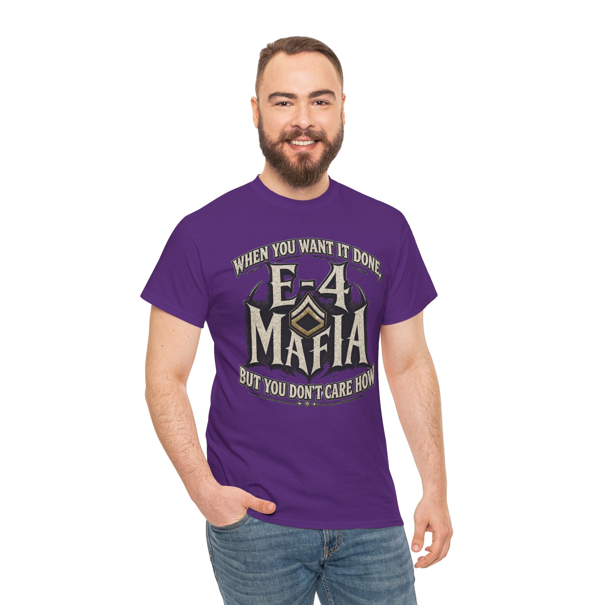 T-Shirt — "E-4 Mafia" Graphic Tee: "When You Want It Done, But You Don’t Care How" Vintage-Style Food Humor