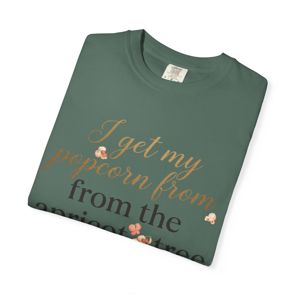 T-Shirt — “I Get My Popcorn From The Apricot Tree” Script Graphic Tee | Hymns | LDS |