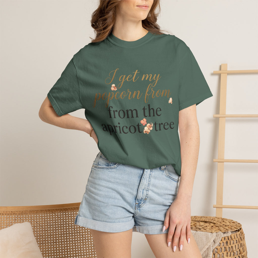 T-Shirt — “I Get My Popcorn From The Apricot Tree” Script Graphic Tee | Hymns | LDS |
